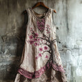 Comstylish Women's Cherry Blossom Embroidery Lace Patchwork Art Linen Tank Dress