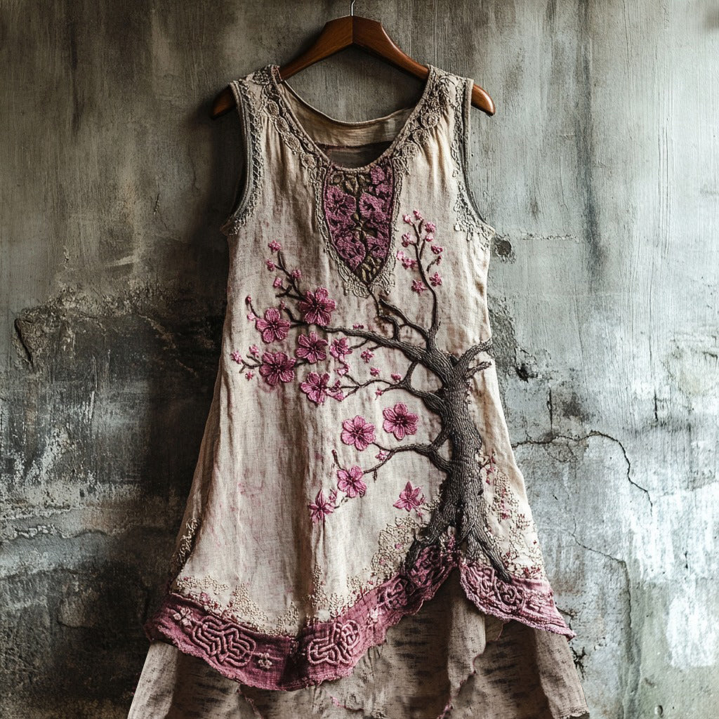 Comstylish Women's Cherry Blossom Embroidery Lace Patchwork Art Linen Tank Dress