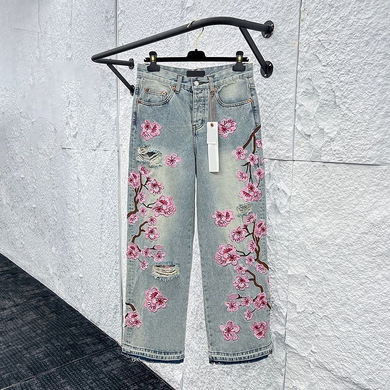 Comstylish Vintage Japanese Sakura Applique Embroidery Art Design Jeans