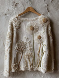 Vintage Forest Dandelion Beaded Embroidered Cozy Knit Sweater