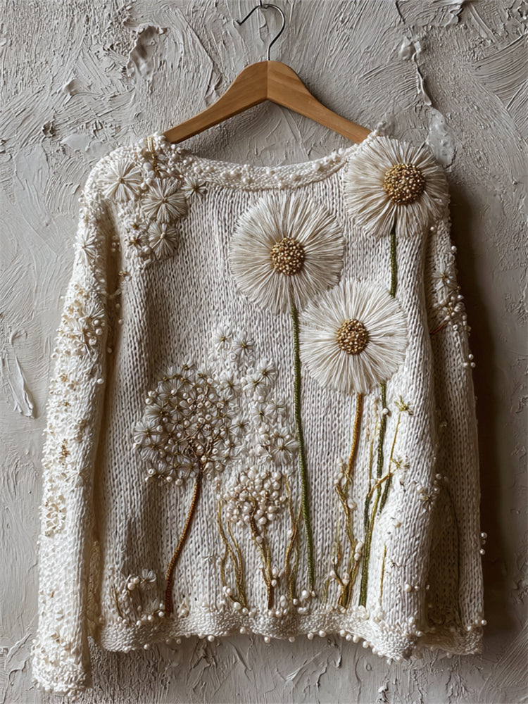 Vintage Forest Dandelion Beaded Embroidered Cozy Knit Sweater artswardrobe