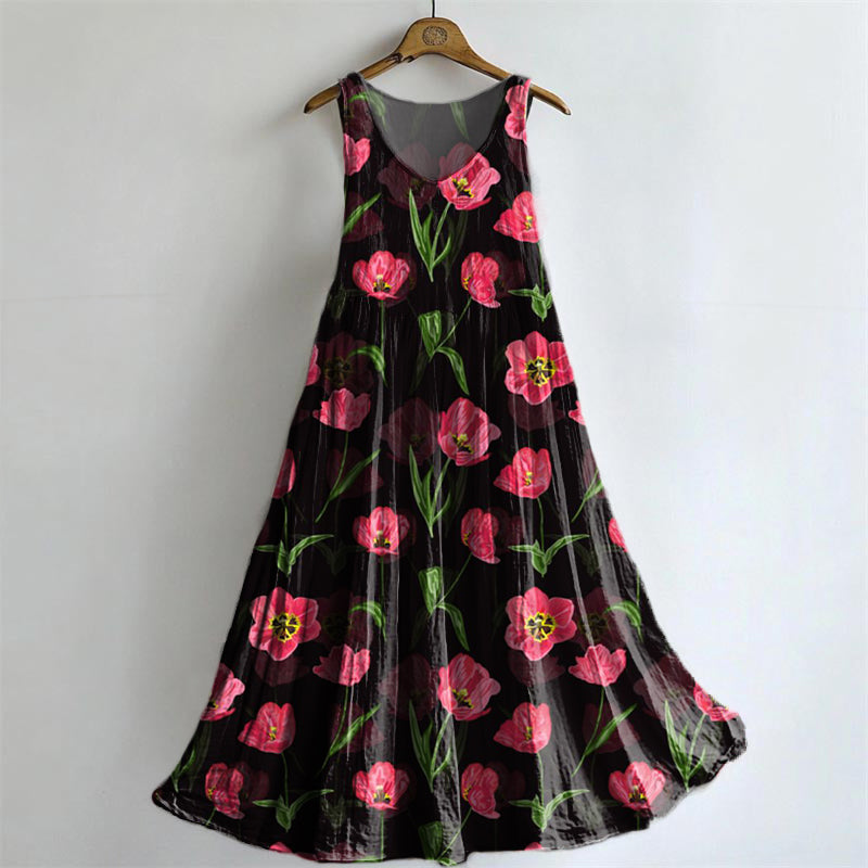 Women's Tulip Floral Art Print Sleeveless Cotton Pocket Dress