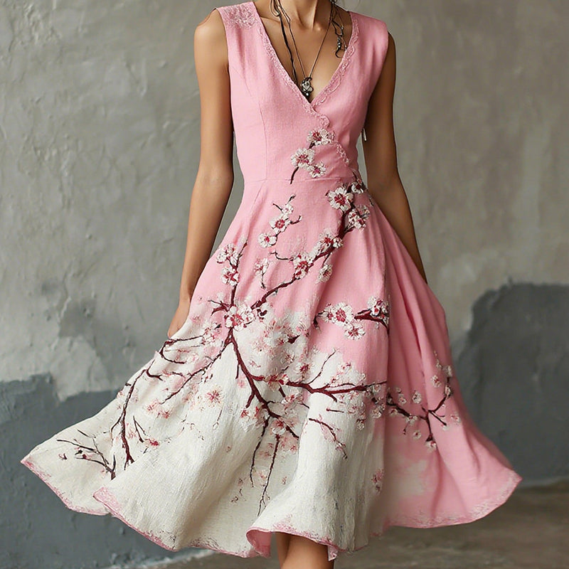 Comstylish Women's Japanese Sakura Embroidered Art Print V Neck Sleeveless Midi Dress
