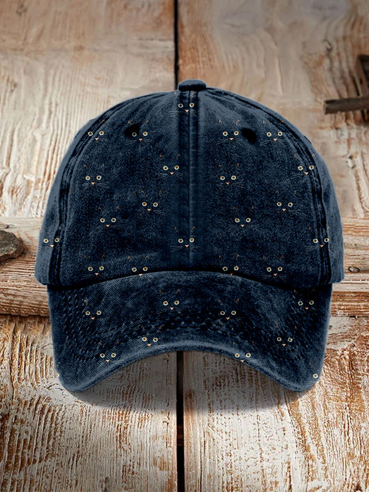 Cute Cat Face Pattern Vintage Washed Cap elevenforest