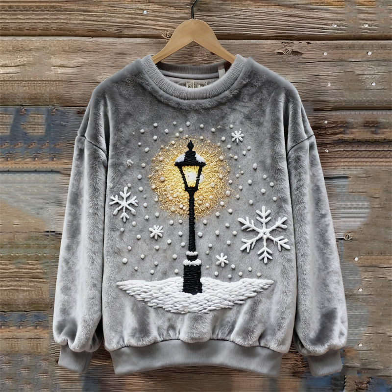 Comstylish Christmas Snowflakes & Street Light Embroidered Fuzzy Plush Sweatshirt