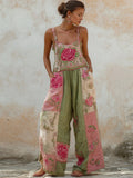 Boho Ethnic Pink Roses Embroidered Floral Patchwork Linen Jumpsuit artswardrobe