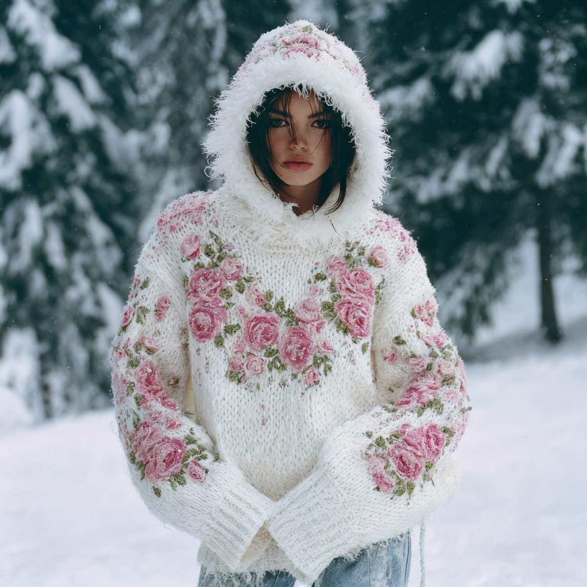 Comstylish Women's Bohemian Style Pink Rose Art Warm Hooded Knitted Sweater
