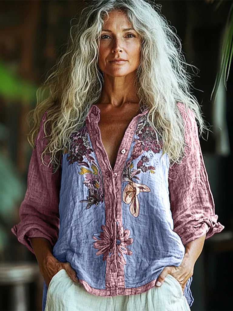 Comstylish Bohemian Style Linen Floral Art Print Long Sleeve Shirt