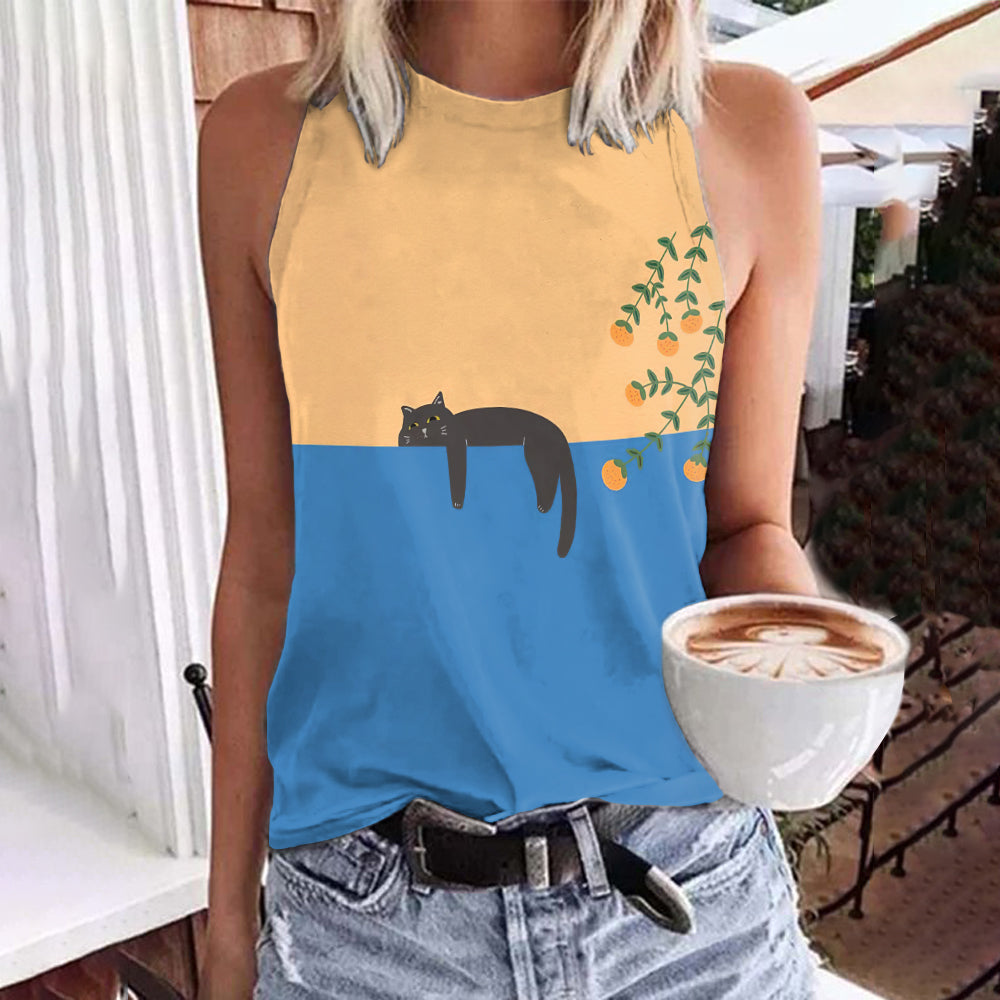 Comstylish Abstract Creative Lazy Black Cat Painting Art Tank Top