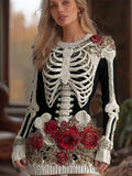 Comstylish Halloween Skeleton & Rose Art Women's Crew Neck Knit Mini Dress