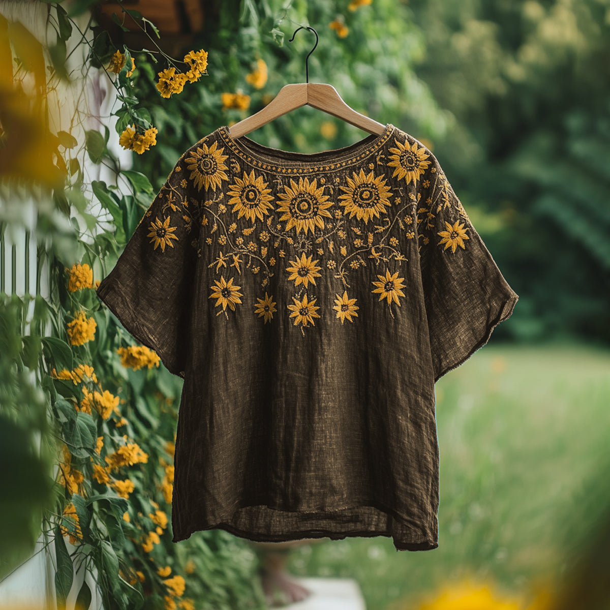 Women's Bohemian Retro Sunflower Round Neck T-shirt artswardrobe
