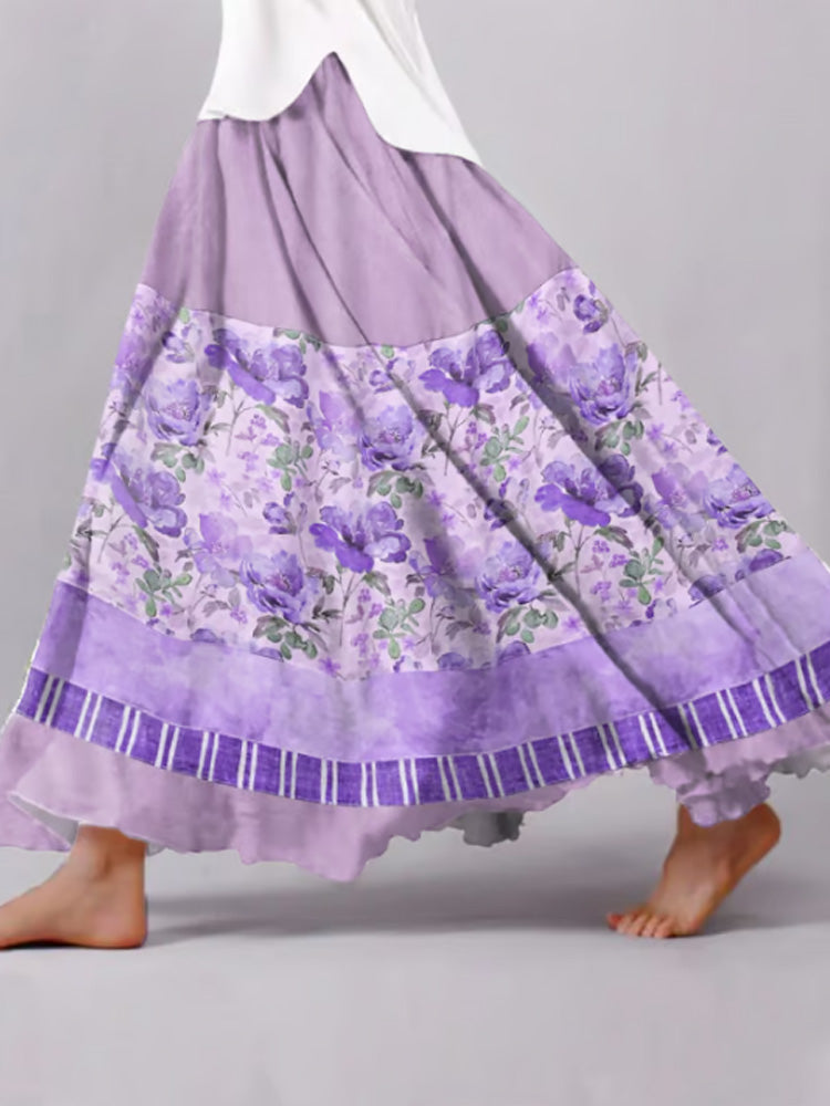 Women's Retro Casual Purple Floral Splicing Skirt artswardrobe