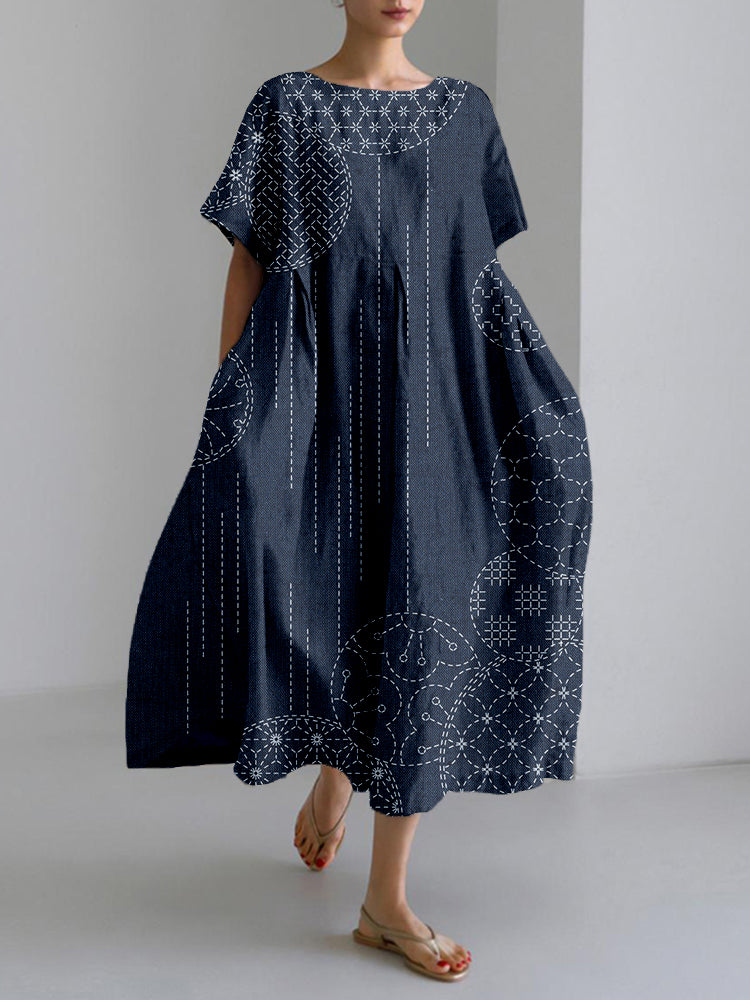 Comstylish Windchimes Japanese Sashiko Art Linen Blend Maxi Dress
