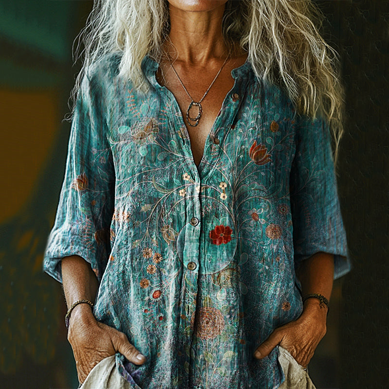 Comstylish Women's Vintage Floral Print Casual Cotton And Linen Shirt