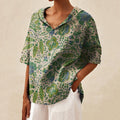 Comstylish Women's Floral Art Print Casual Linen V-Neck Shirt