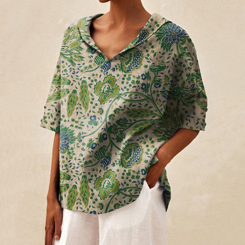 Comstylish Women's Floral Art Print Casual Linen V-Neck Shirt