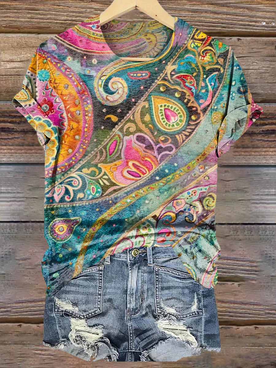 Women's Art Floral Hippie Print Crew Neck T-Shirt