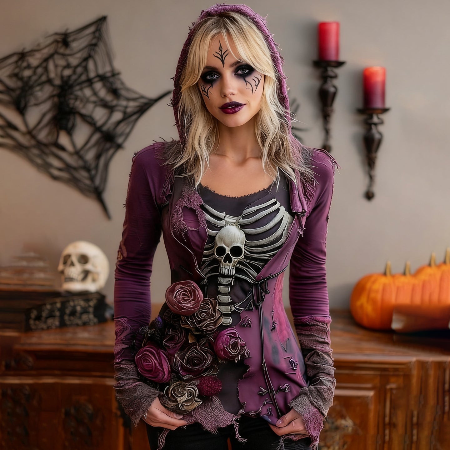 Comstylish Women's Halloween Rose Skull Witch Cosplay Hooded T-shirt