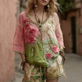 Women's Vintage Floral Embroidery Art V Neck Linen Comfy T-shirt artswardrobe