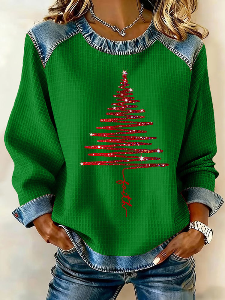 Comstylish Women's Christmas Waffle Crew Neck Casual Sweatshirt
