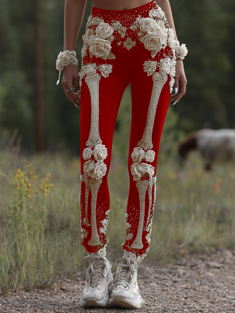 Vintage Halloween Skeleton Bones With Rose Art Cozy Knit Leggings artswardrobe