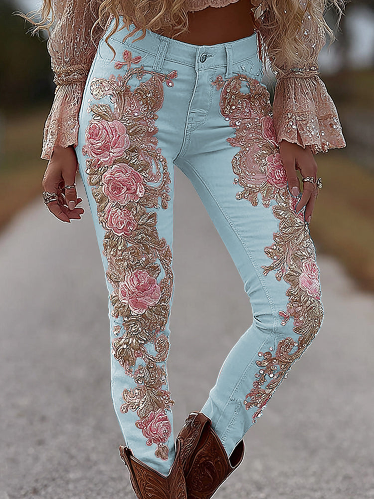 Women's Vintage Rose Floral Embroidery Art Loose Jeans artswardrobe
