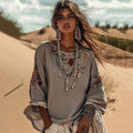 Vintage Floral Embroidered Art Crew Neck Comfy Shirt artswardrobe