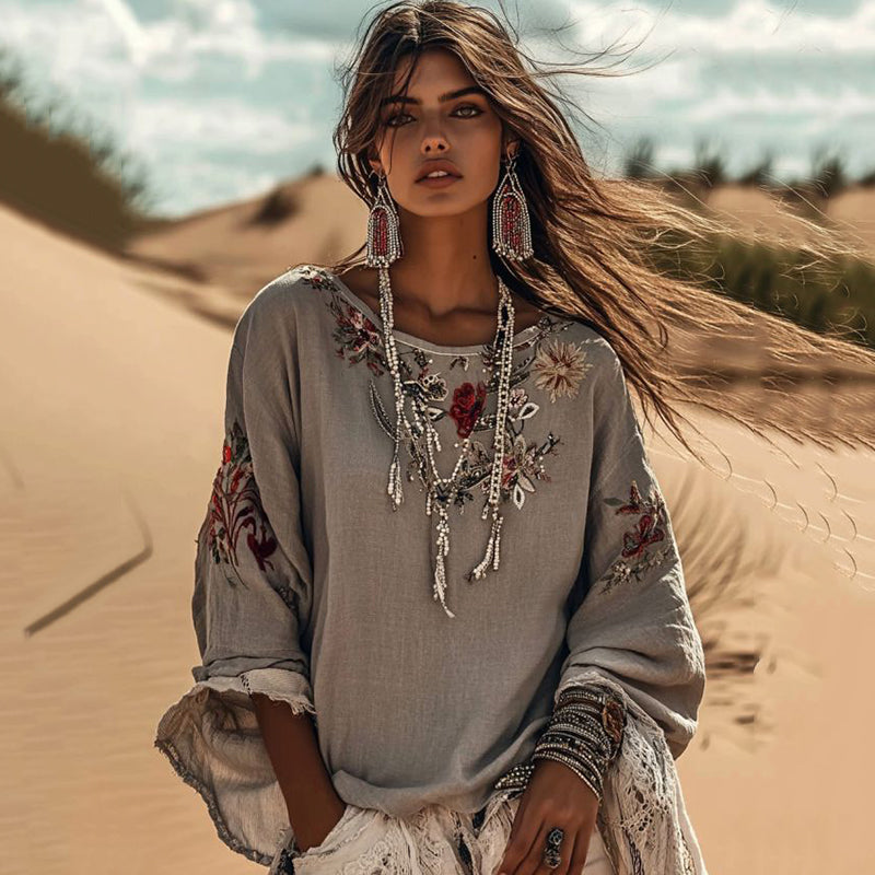 Vintage Floral Embroidered Art Crew Neck Comfy Shirt artswardrobe