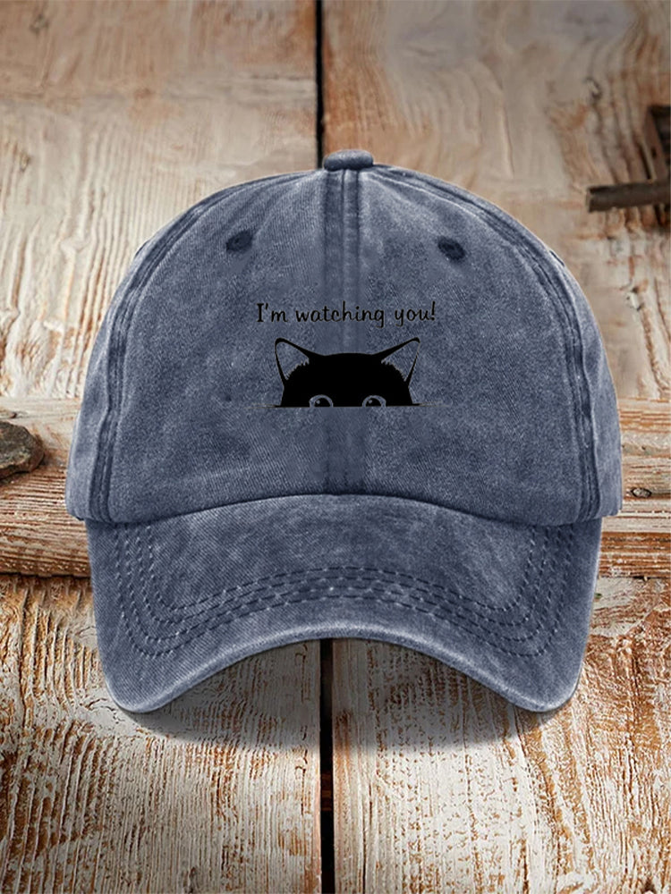 Comstylish I'm Watching You! Black Cat Print Washed Hat