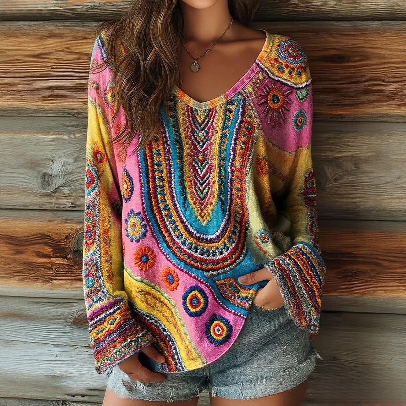 Comstylish Women's Floral Art Print Casual V-neck Long Sleeve Top