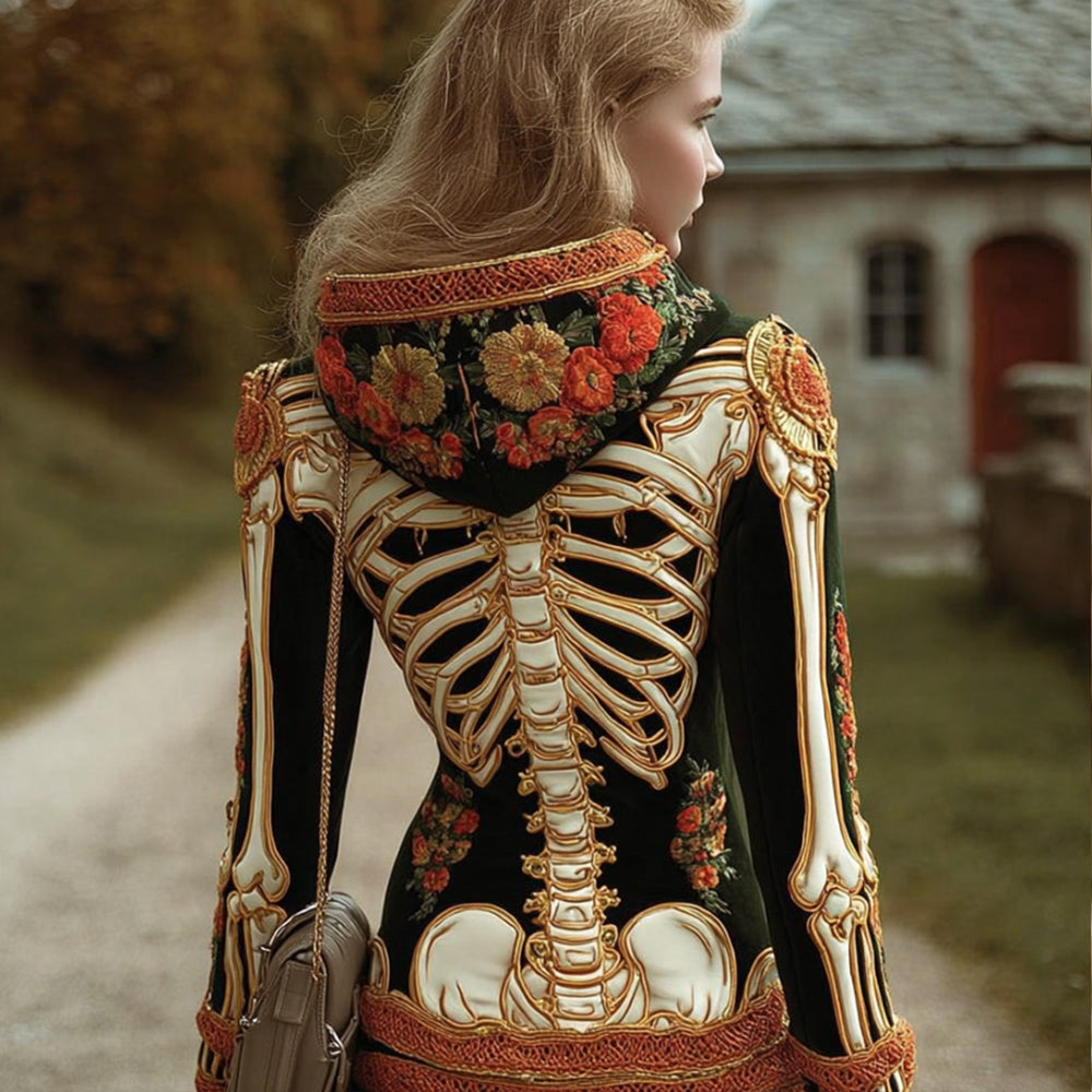 Comstylish Women's Halloween Human Anatomy And Flower Art Embroidery Hoodie