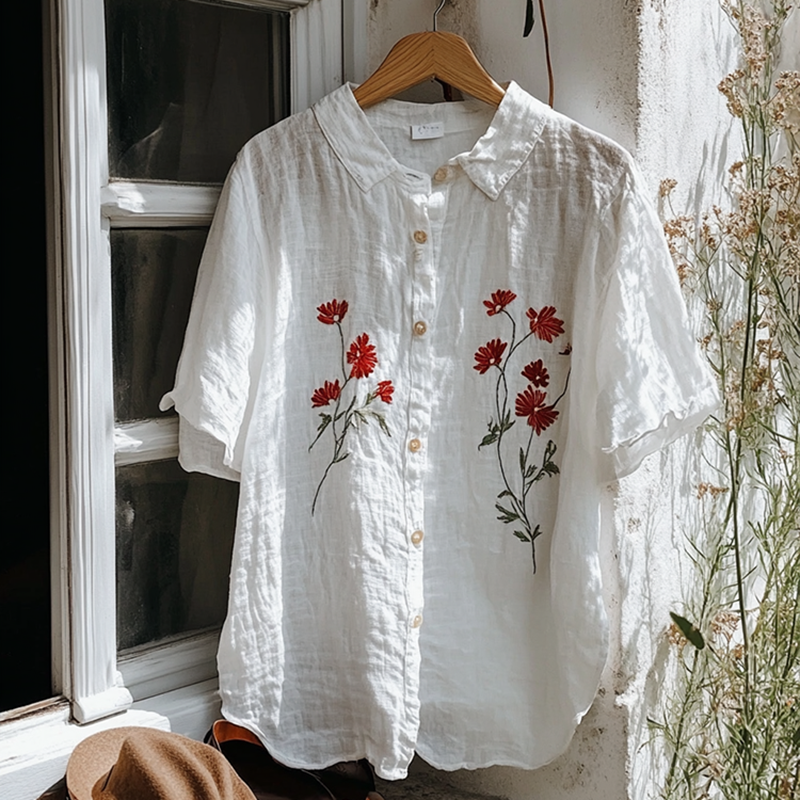 Vintage Floral Embroidery Art Lapel Loose Blouse artswardrobe