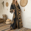 Women's Vintage Ethnic Art  Linen V-neck Robe artswardrobe