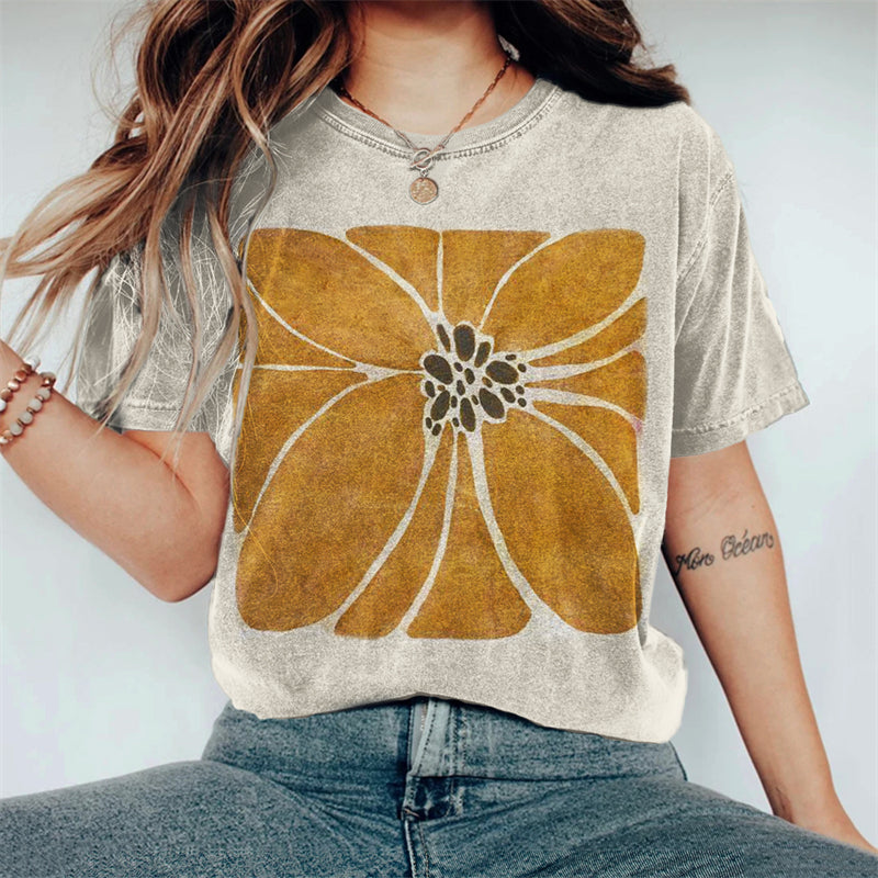 Comstylish Classy Flower Square Lino Art Washed T Shirt