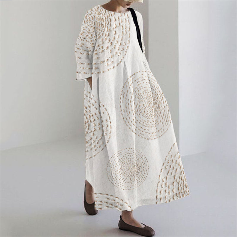 Comstylish Ripples Japanese Sashiko Art Linen Maxi Dress
