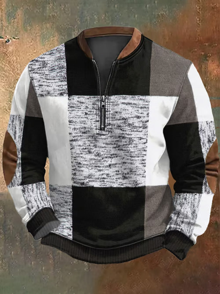 Men's Retro Western Textured Print Zip Collar Sweatshirt artswardrobe