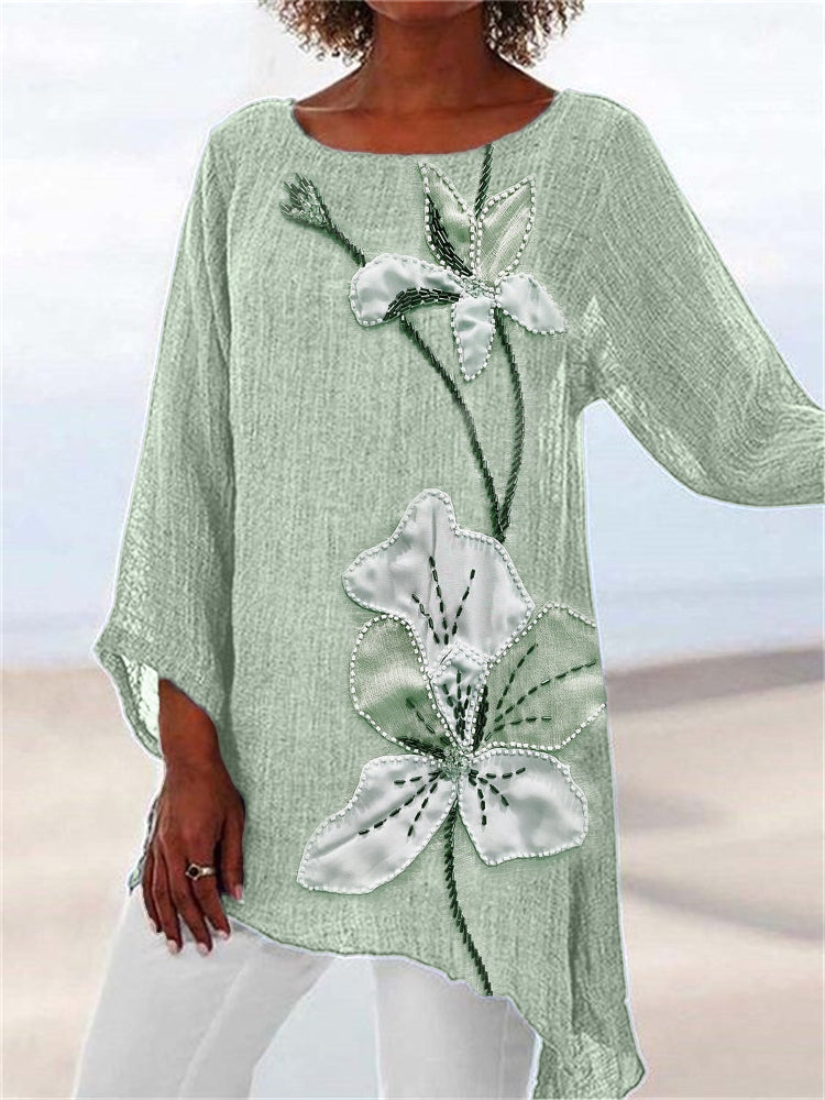 Comstylish Classy Flowers Fiber Art Linen Blend Flowy Tunic