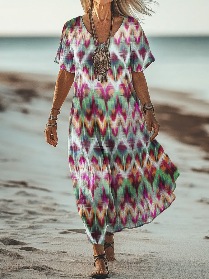 Women's Art Floral Hippie Vintage Print V Neck Dress