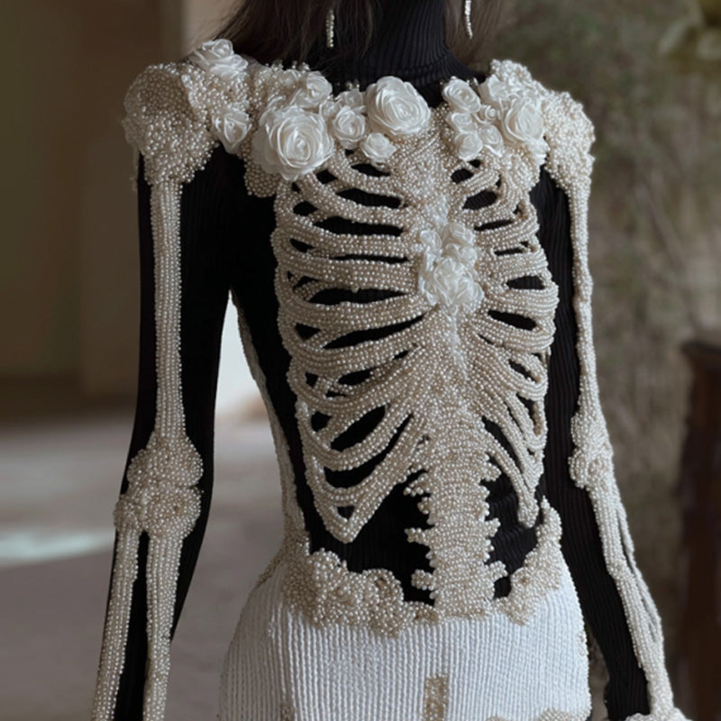 Comstylish Women's Vintage Halloween Skeleton Bones With Rose Art Cozy Knit Mini Sweater Dress