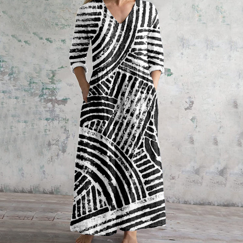 Soft Abstract Lines Pattern Linen Maxi Dress artswardrobe