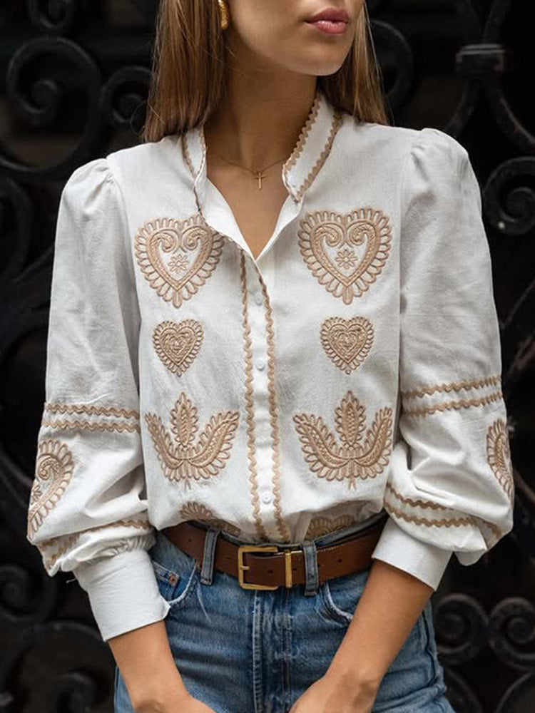 Comstylish Women's Casual Embroidered Long Sleeve Shirt