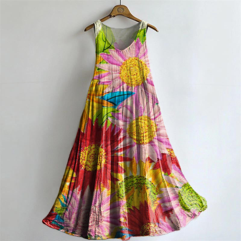 Women's Bohemian Sunfloral Art Print Crew Neck Sleeveless Cotton Pocke