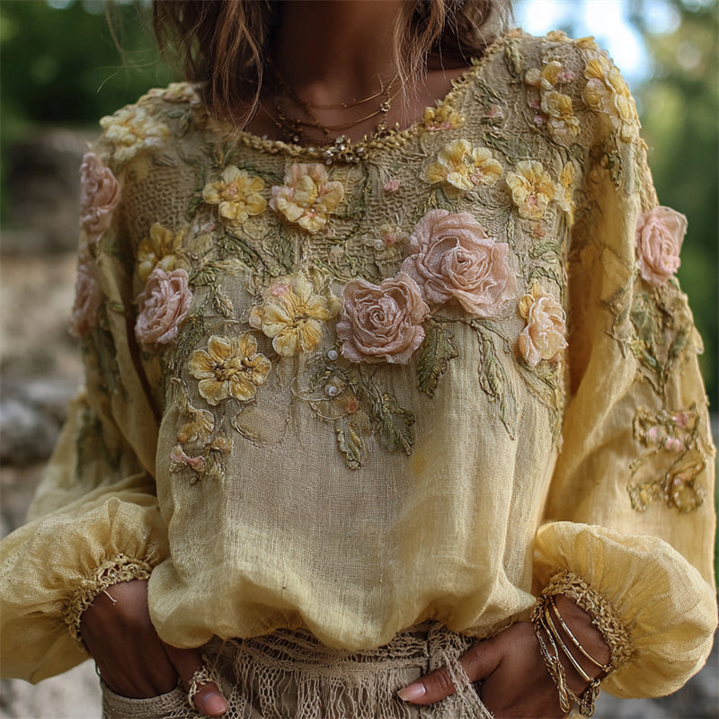 Comstylish Boho Roses Floral Glitter Embroidered Flowy Linen Tunic