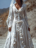 Comstylish Halloween Skeleton Bridal White Roses Flowy Linen Maxi Dress