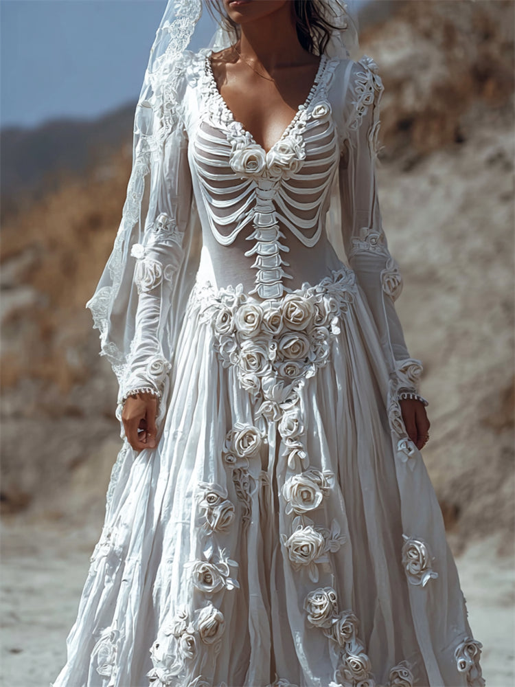 Comstylish Halloween Skeleton Bridal White Roses Flowy Linen Maxi Dress