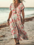Women's Vintage Folk Floral Art Print Pocket Cotton Dress