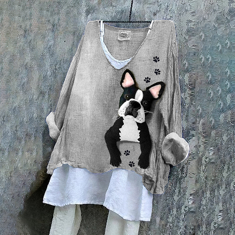 Women's Fun French Bulldog Applique Art Linen Blend Vintage Shirt artswardrobe