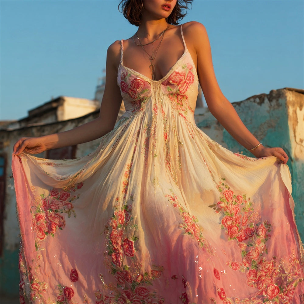 Boho Vintage Floral Sequin Embroidery Women's Spaghetti Strap Maxi Dress artswardrobe
