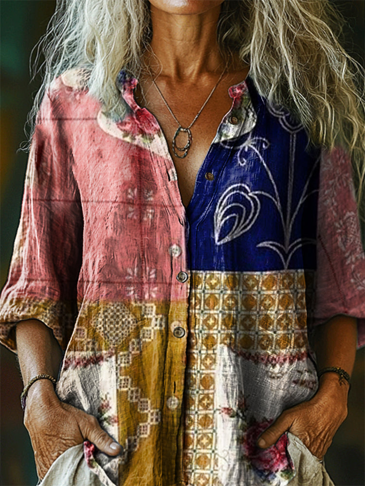 Women's Vintage Bohemian Pattern Art Print Casual Cotton Linen Shirt