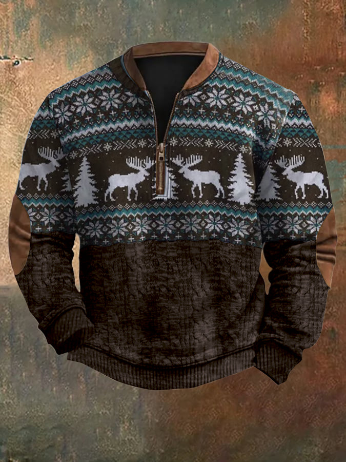 Comstylish Men's Vintage Merry Christmas Deer Print Sweatshirt